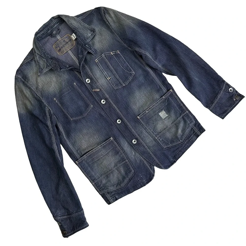 Diesel Railroad Stripe Denim Jacket Sanforized Chinstrap Men Medium Western Fade
